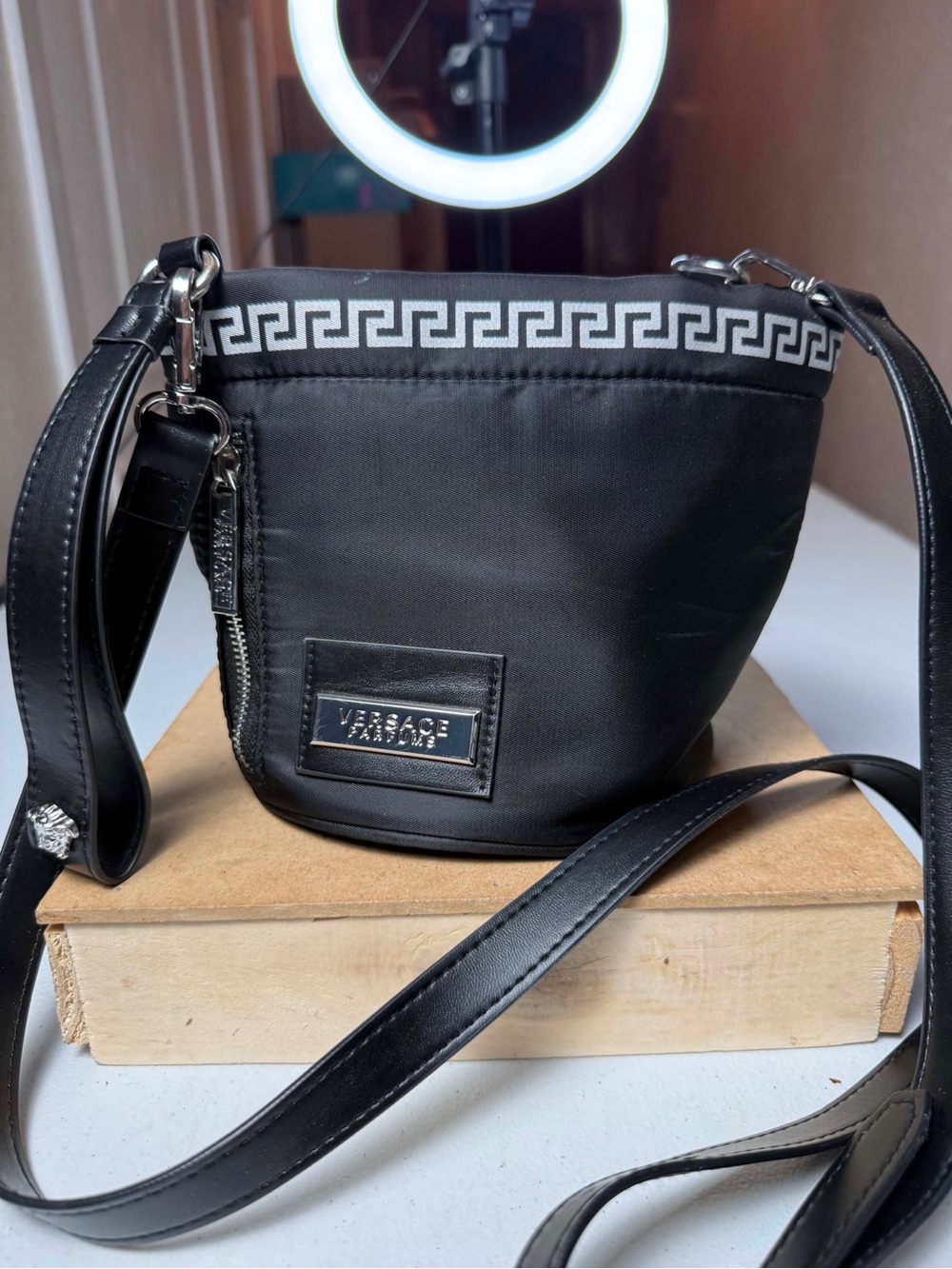 Versace parfums bucket  crossbody  mini bag black nylon fabric